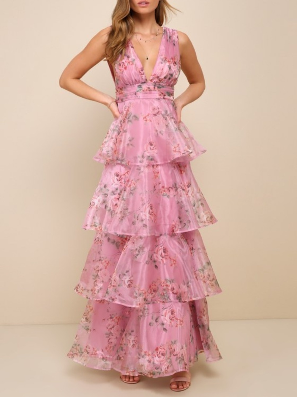 Lulus Garden Radiance Pink Floral Print Organza Tiered Maxi Dress - Size XL